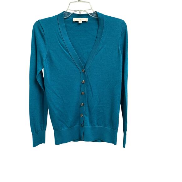 Loft Wool Blend Cardigan Sweater Womens Small Teal Blue Career Casual Preppy - Picture 1 of 5